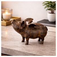 Alcancía o Estatua Decorativa de Cerdo Volador de Hierro Fundido.