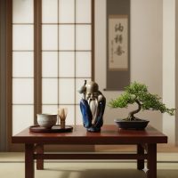 Figura decorativa de sabio oriental en cerámica esmaltada 11 cm, de altura.