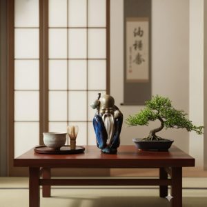 Figura decorativa de sabio oriental en cerámica esmaltada 11 cm, de altura.