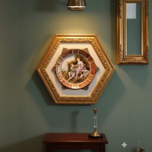 Plato de Porcelana Artística en Marco Hexagonal Dorado - Escena Galante Estilo Rococó Royal vienna Pintado a Mano