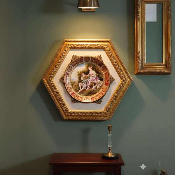 Plato de Porcelana Artística en Marco Hexagonal Dorado - Escena Galante Estilo Rococó Royal vienna Pintado a Mano