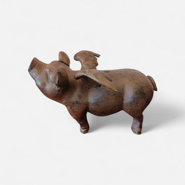 Alcancía o Estatua Decorativa de Cerdo Volador de Hierro Fundido.