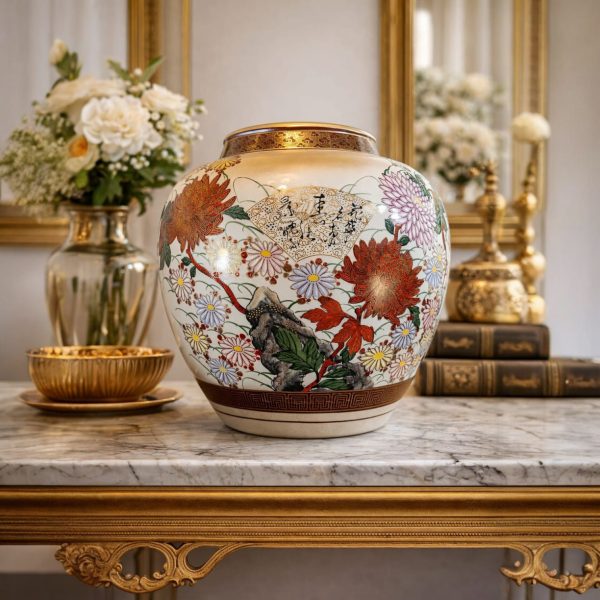 Jarrón Decorativo de Porcelana Japonesa con Detalles en Oro. 26cm de Altura y 76cm Circunferencia.